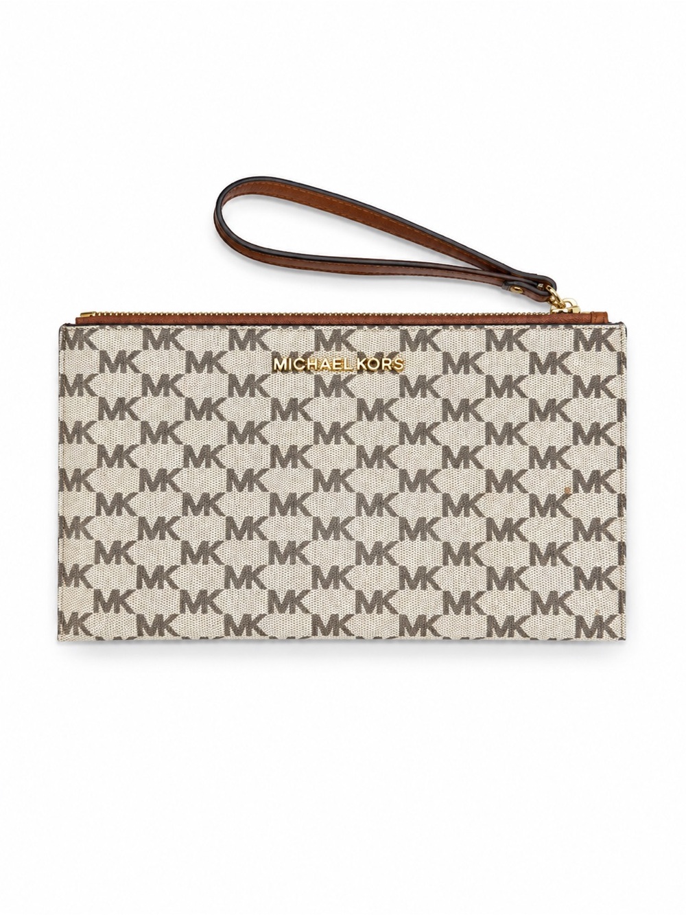 Michael Kors Jet Set Beige Canvas MK Logo Wristlet with Brown Trim